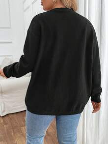 SHEIN Clasi 大码女式纯色长袖前开式休闲开衫，秋冬款 - 黑色 - 查看 2