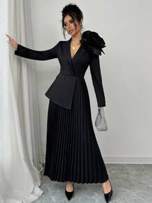 Rafferiza 1 件女式优雅黑色长袖翻领花卉装饰不对称口袋盖设计褶皱下摆连衣裙长款女装 - 黑色 - 查看 4