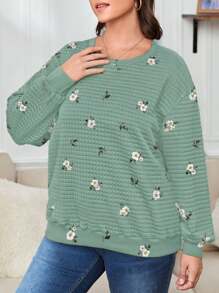 SHEIN LUNE Áo nỉ dệt kim tay dài họa tiết hoa cỡ lớn, giản dị tối giản, dành cho mùa thu/đông - Nhiều màu - Xem 3