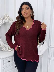 Calvaya Áo len viền sò khối màu cỡ lớn thường ngày, thu/đông - Màu Đỏ Sâu - Xem 3