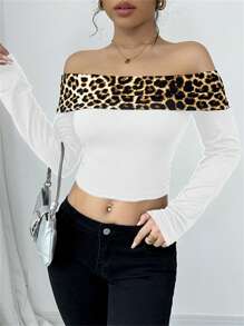 SHEIN Unity Sexy Leopard Print Contrast Off Shoulder Women Top - White - View 5