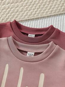 SHEIN Baby Girls Casual Heart Print Sweatshirt Set, Suitable For Spring And Autumn - Rusty Rose - View 5