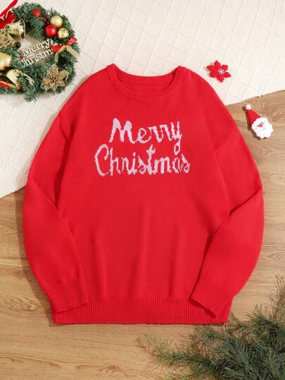 Manfinity VCAY Men's Loose Drop Shoulder Embroidered Letter Funny Knitted Pullover Long Sleeve Sweater For Going Out, Couple Matching, For Fall Winter, Christmas