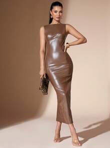 SHEIN BAE Women Sleeveless Fitted Long Dress - Brown - View 1