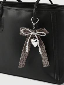 ROMWE Kawaii 1 件 INS 韩式创意时尚独特高品质手工串珠白色仿珍珠，棕色豹纹天鹅绒丝带蝴蝶结，玻璃水晶水钻心形吊坠钥匙扣，适合女性、日常佩戴、节日礼物 - 棕色 - 查看 9