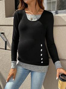 SHEIN Maternity Autumn Contrast Color Side Button Long Sleeve Casual T-Shirt