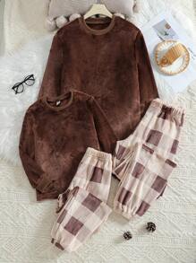 2pcs Boys' Casual Solid Brown Fleece Long Sleeve Top And Plaid Long Pants Loungewear Set - Multicolor - View 1
