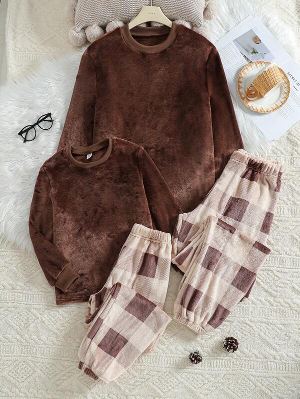 2pcs Boys' Casual Solid Brown Fleece Long Sleeve Top And Plaid Long Pants Loungewear Set