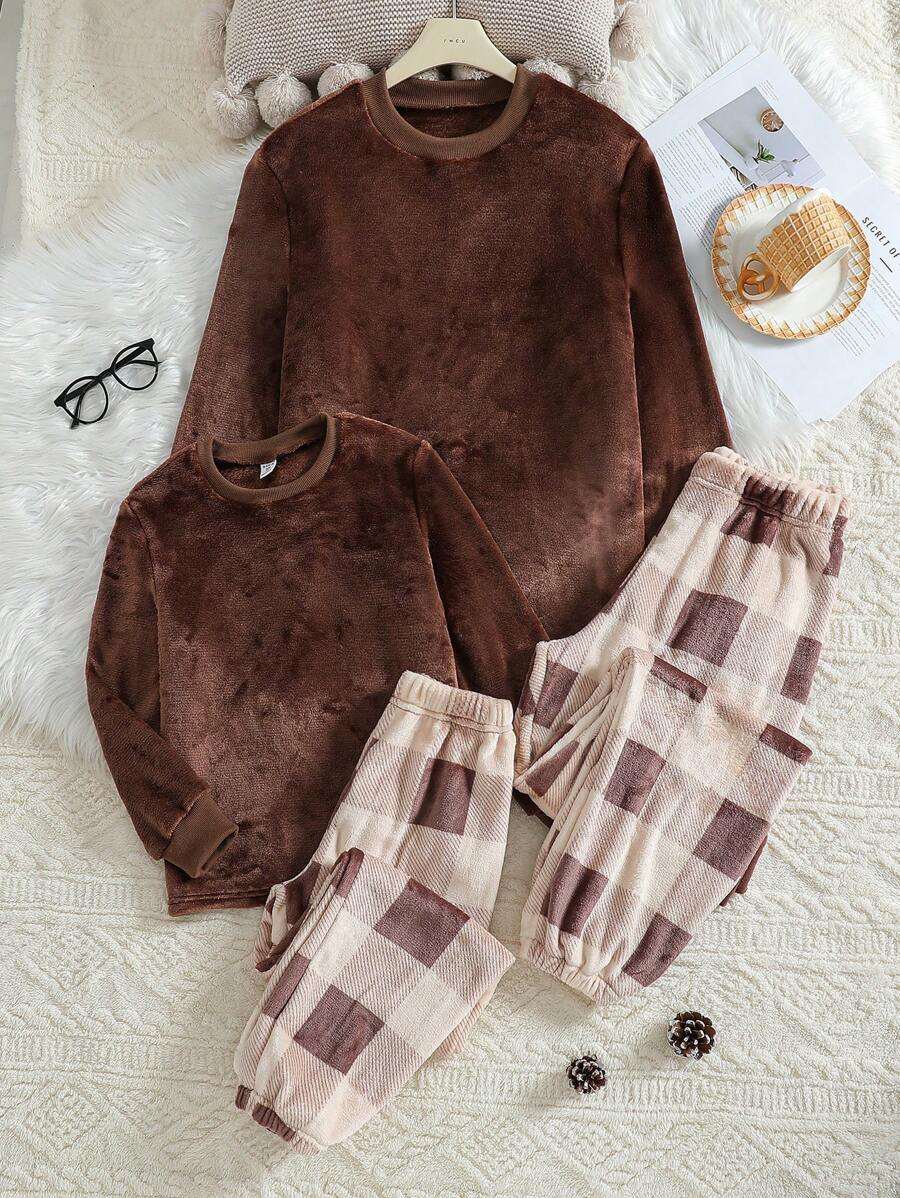 2pcs Boys' Casual Solid Brown Fleece Long Sleeve Top And Plaid Long Pants Loungewear Set - Multicolor - View 1