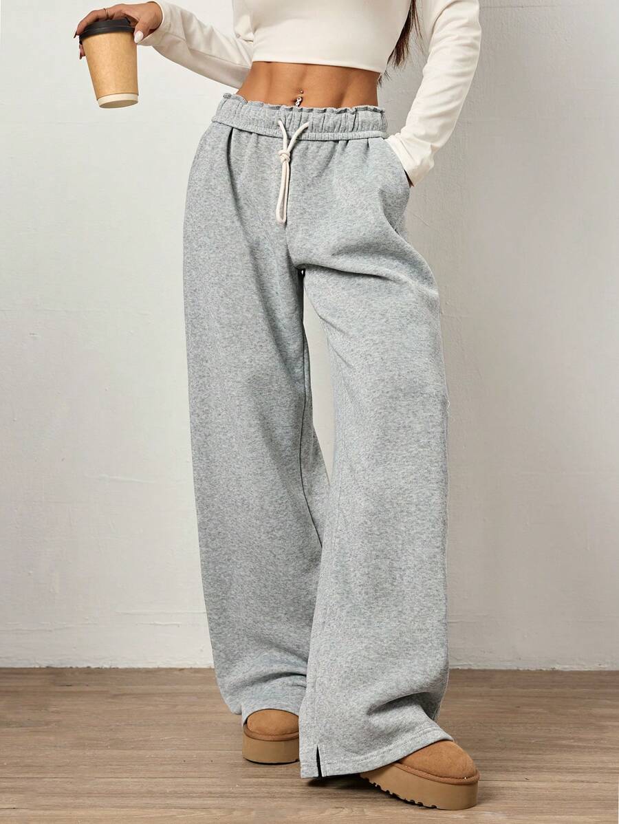 Flirla 灰色折叠腰带抽绳系带斜口袋直腿休闲街头风格女式长款宽松运动裤 - 灰色 - 查看 1