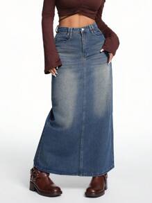 SHEIN ICON 女性休閑長款牛仔裙，適用於海灘度假 - 中等水洗藍 - 查看 1