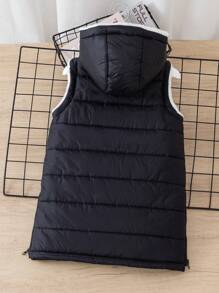 SHEIN 带帽拉链的年轻女孩加厚背心，冬季保暖厚实 - 黑色 - 查看 2