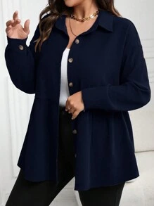 Plus Size Casual Solid Color Cinched Waist Shirt, Autumn