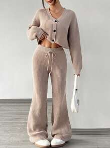 SHEIN PETITE Bộ áo len cardigan dài tay màu trơn đơn giản mùa thu đông cho nữ - Màu Khaki - Xem 2