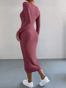 SHEIN Essnce Váy dệt kim gân dài tay cổ chữ V màu trơn cho nữ, mùa thu - Màu Đỏ Sâu - Xem 2