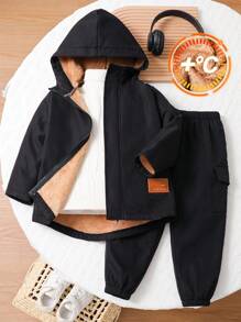 2 Pieces Young Boys Leisure College Comfortable Fashion Simple Practical All-Match Decoration Comfortable Thick Warm Long Coat And Trousers Cost-Effective Suit Kids Outfits