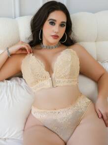 2 Stück/Set Dessous Set bestehend aus Spitzen-BH ohne Bügel und Höschen für Damen Große Größen - Aprikosenfarben - Übersicht 5