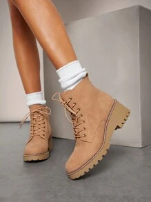 SHUZIA Bestseller Women's Taupe Lace-Up Ankle Boots With Stiching Wedge Sole – Chunky Heel With Rugged Outdoor Style - Khaki - View 4