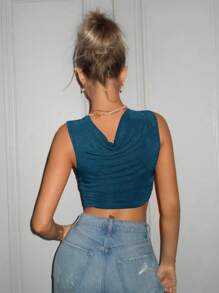 SHEIN ICON Elegant Solid Color Draped Neck Fitted Cropped Tank Top, Autumn - Blue - View 2