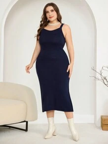 Modelyn Plus Size Solid Color Long Sleeve Cardigan & Sleeveless Dress Set, Minimalist Style, For Winter - Navy Blue - View 6