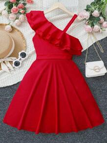 SHEIN Teen Girl Solid Color Ruffle Hem Asymmetric Neck Sleeveless Fashionable Dress,Holiday,Summer,Travel - Rose Red - View 2