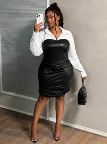 Slaydiva Plus Size Color Blocking Ruched Collar Elegant Long Sleeve Dress, For Winter - Black and White - View 5