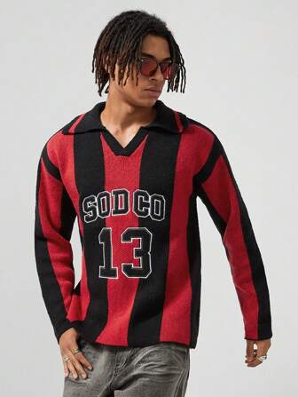 Street Life Suéter de punto casual y holgado con estampado de rayas de letras y números, para uso diario de hombres