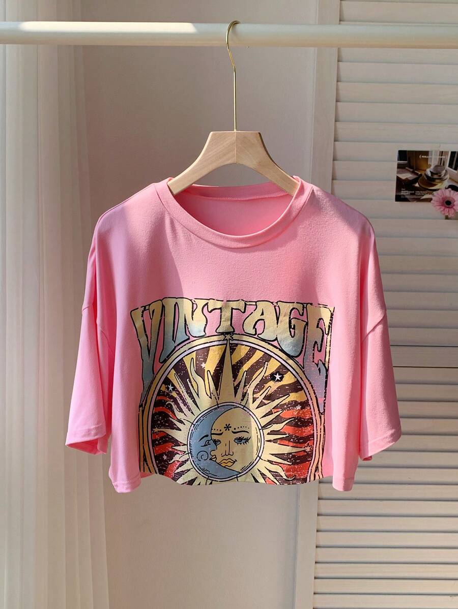 Comfortcana Sun & Letter Graphic Drop Shoulder Crop Tee - Pink - View 1