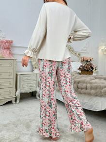 Set de ropa de dormir de 2 piezas con top y pantalones, con estampado floral y lazo de encaje de manga larga holgada