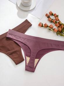 5pcs/Set Plus Size Seamless Comfortable Ribbed Thong Panties, Casual Collection - Multicolor - View 3