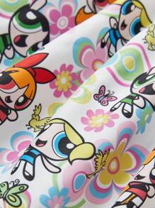 THE POWERPUFF GIRLS X SHEIN Young Girl Colorful Floral Butterfly & Cartoon Character All-Over Print Spaghetti Strap Ruffle Skater Dress - Multicolor - View 4