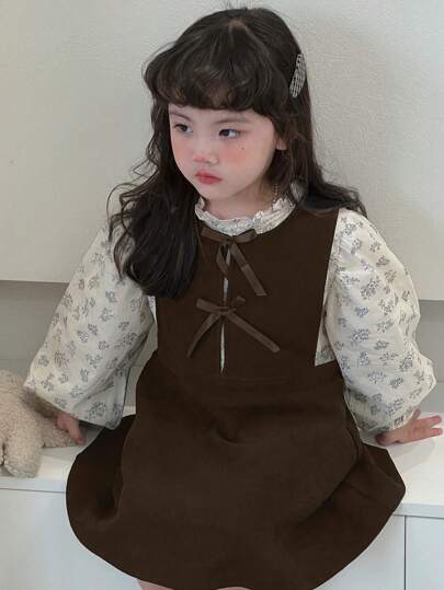 Dazy Kids فستان كامي قصير وجذاب بطبعة زهور وأنيق بياقة دائرية ومزين بفيونكة للبنات الصغيرات رمضان