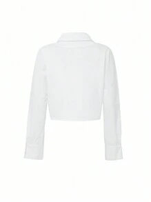 DAZY 女士商务休闲纯色长袖衬衫，适合秋季，长袖上衣，学院风上衣，秋季女装 - 白色 - 查看 2