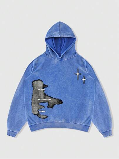 Grunge Punk sweat-shirt à capuche minimaliste avec imprimé lettres, manches longues, lavé, casual pour une utilisation quotidienne pour homme