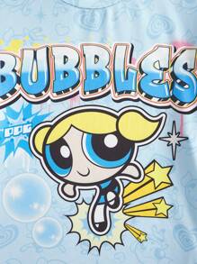 THE POWERPUFF GIRLS X SHEIN 女士休闲卡通字母印花宽松短袖 T 恤，夏季 - 藍色 - 查看 5