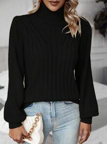 SHEIN LUNE Áo len nữ dáng suông đơn giản, màu trơn, cổ cao, tay phồng, chất liệu dệt kim gân, thích hợp mặc hàng ngày vào mùa thu/đông. - màu đen - Xem 4