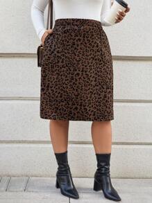 SHEIN LUNE Falda de mujer talla grande de pana vintage con abertura y bolsillos, estampado de leopardo, conjunto festivo para otoño e invierno