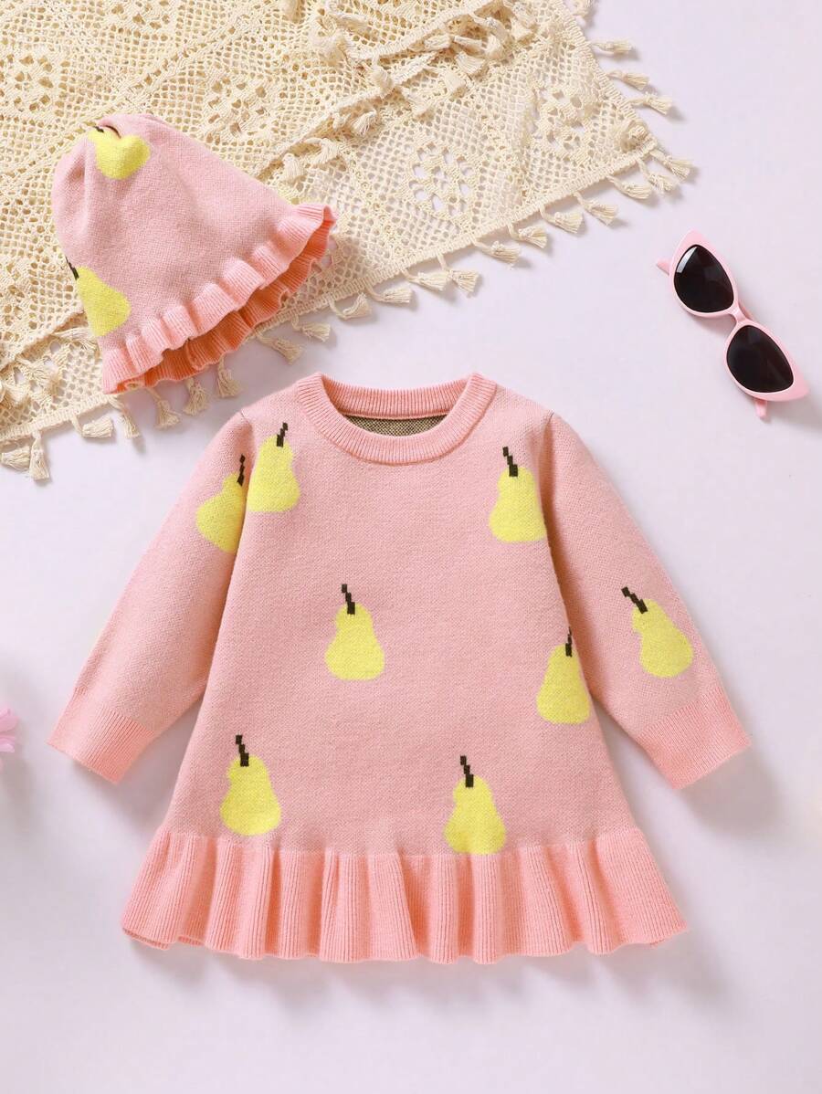Baby/Toddler Girls Knitted Pear Graphic Stretchy Sweater Dress, Cute And Versatile, Autumn/Winter - Pink - View 1