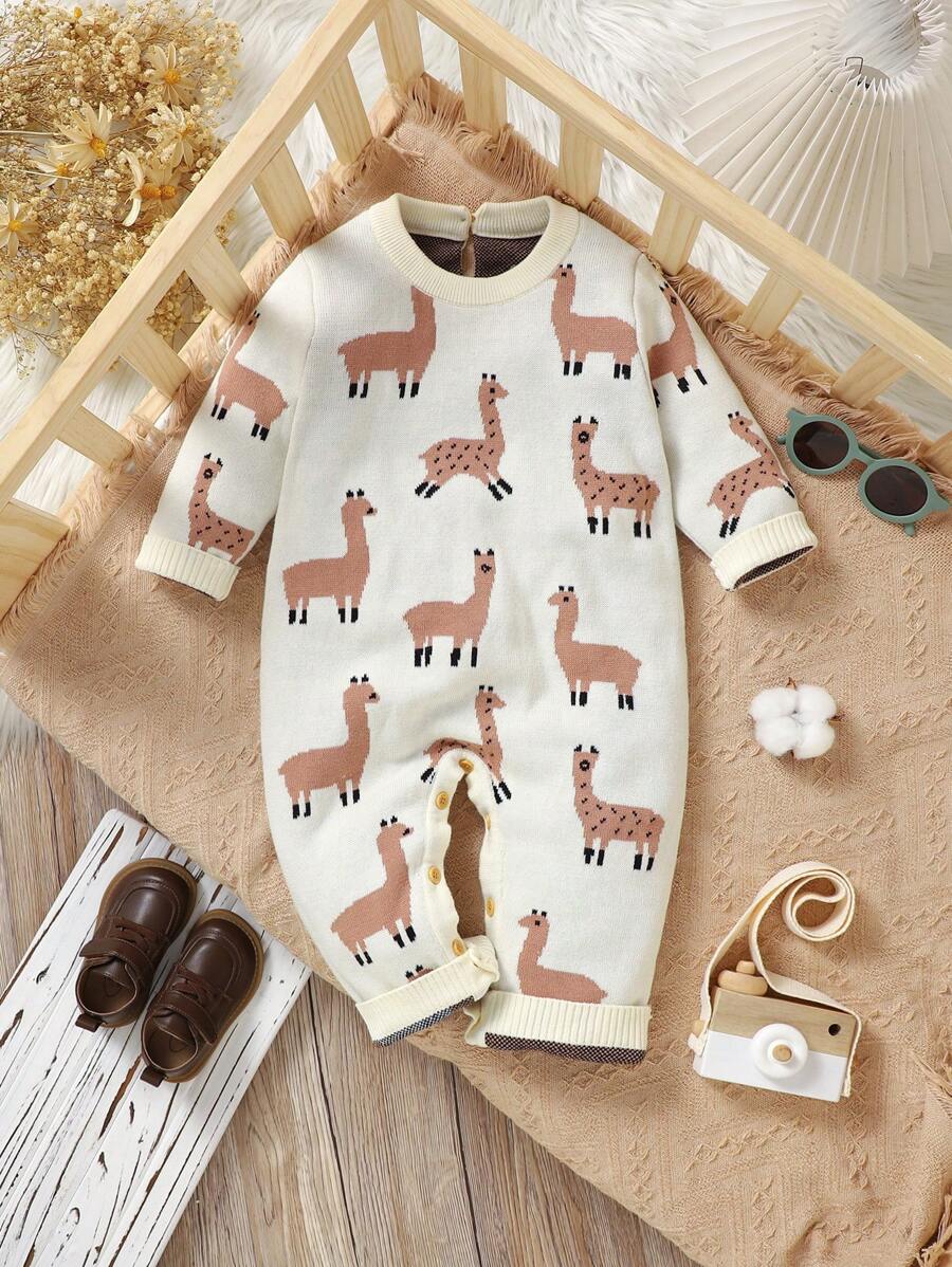 1 Stück Elfenbein Alpaka Strick-Romper, dickes doppellagiges Design zum Warmhalten, Langarm Rundhalspullover-Jumpsuit mit süßem Jacquard Muster, modischer Freizeitanzug für Babys - Beige - Übersicht 1