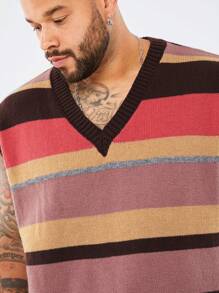 Manfinity NXTstreet Plus Size Men's Casual Striped Contrast V-Neck Loose Knit Sweater Vest