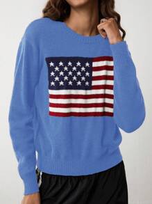 Flirla Women US Flag Pattern Round Neck Drop Shoulder Long Sleeve Casual Sweater, Autumn/Winter Knit Pullover Fall - Blue - View 5