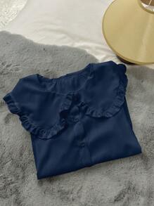 SHEIN LUNE Áo sơ mi nữ cổ Peter Pan dễ thương màu trắng phong cách Hàn Quốc Nhật Bản, phù hợp làm lớp trong hoặc áo ngoài cho mùa thu/đông - Màu xanh hải quân - Xem 7