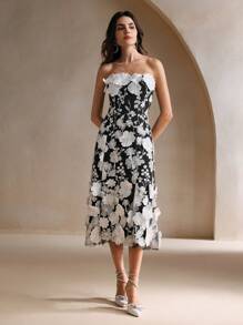 Anewsta 女士优雅派对及节日刺绣花卉网眼覆盖露肩连衣裙 - 黑色 - 查看 6