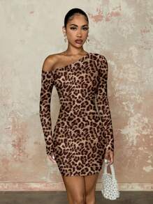 SHEIN BAE 性感豹纹不对称领口长袖紧身迷你连衣裙，适合夏季 - 棕色 - 查看 1