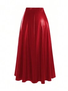 Women's Casual Minimalist Solid Color Elastic Waist Flare Skirt For Everyday Wear - Red - View 2