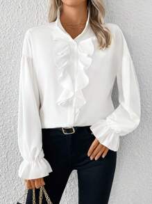 SHEIN Clasi Women Plain Woven Lantern Sleeve Casual Shirt, Regular Fit, Autumn/Winter Fall Cloth For Women - White - View 1