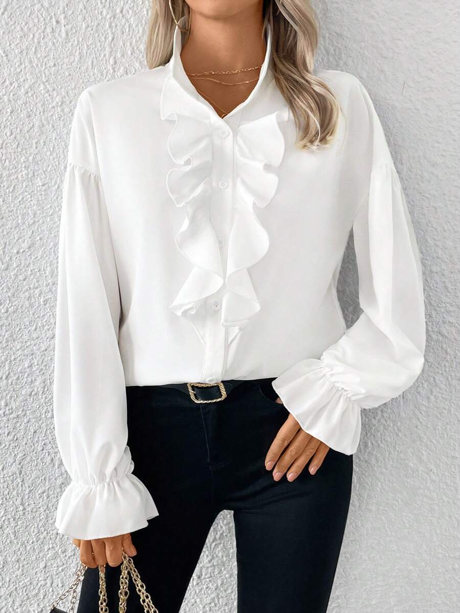 SHEIN Clasi Women Plain Woven Lantern Sleeve Casual Shirt, Regular Fit, Autumn/Winter Fall Cloth For Women - White - View 1