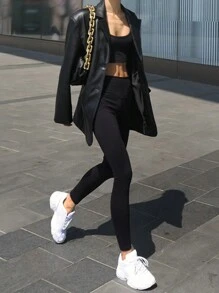 DAZY Quần legging bó tối giản màu trơn dành cho nữ có lót nhiệt - màu đen - Xem 2