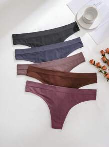5pcs/Set Plus Size Seamless Comfortable Ribbed Thong Panties, Casual Collection - Multicolor - View 6