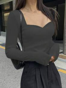 DAZY 1 件女式纯色甜心领长袖简约 T 恤，休闲日常穿着 - 深灰色 - 查看 1